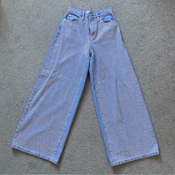 Topshop wide leg MOTO sequin rhinestone Jean - Picture 5 of 7